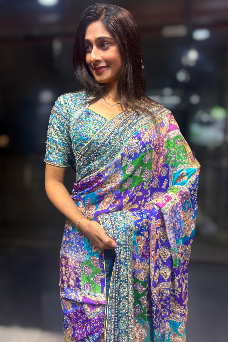 Celebrity Inspired Multicolor Crepe Printed Designer Saree