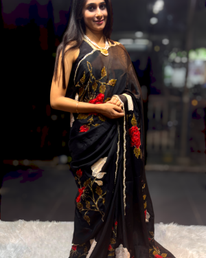 Black Floral Applique Designer Saree