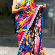 Turquoise Floral Designer Saree with Embellished Border
