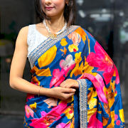 Firozi Blue Floral Designer Saree with Embellished Border