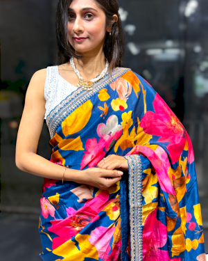 Firozi Blue Floral Designer Saree with Embellished Border