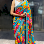Turquoise Floral Designer Saree with Embellished Border
