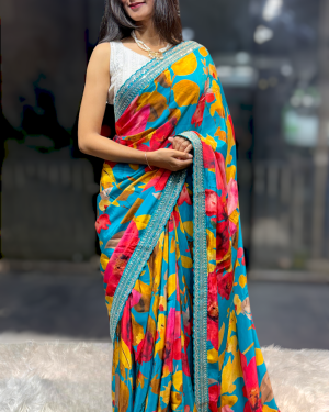 Turquoise Floral Designer Saree with Embellished Border