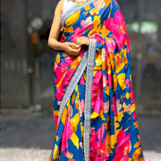 Firozi Blue Floral Designer Saree with Embellished Border
