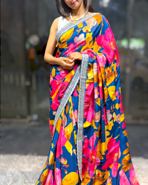 Firozi Blue Floral Designer Saree with Embellished Border