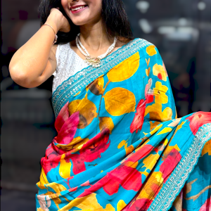 Turquoise Floral Designer Saree with Embellished Border