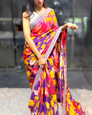 Wine Color Floral Digital Printed Saree
