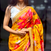 Mustard Yellow Floral Designer Saree with Golden Border