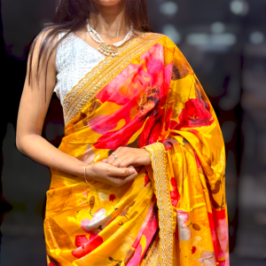 Mustard Yellow Floral Designer Saree with Golden Border