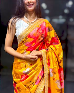 Mustard Yellow Floral Designer Saree with Golden Border