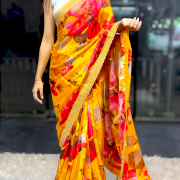 Mustard Yellow Floral Designer Saree with Golden Border