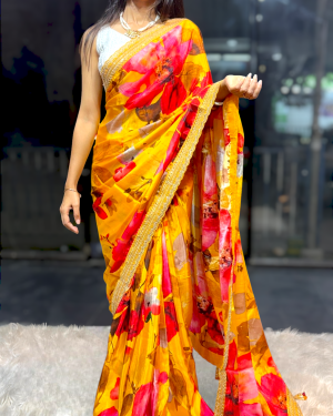 Mustard Yellow Floral Designer Saree with Golden Border