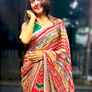 Golden Strip Multicolored Printed Georgette Sareee