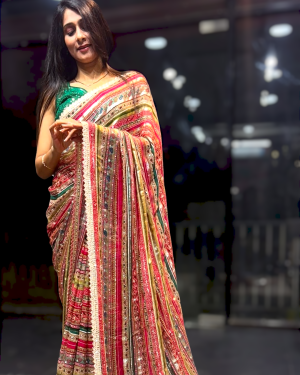 Golden Strip Multicolored Printed Georgette Sareee