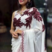 White and Maroon Appliqué Work Saree