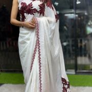 White and Maroon Appliqué Work Saree