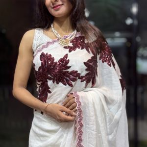 White and Maroon Appliqué Work Saree