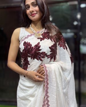 White and Maroon Appliqué Work Saree