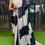 Midnight Monochrome Muse – Pure Chinnon Digital Stripe Saree 🖤🤍✨